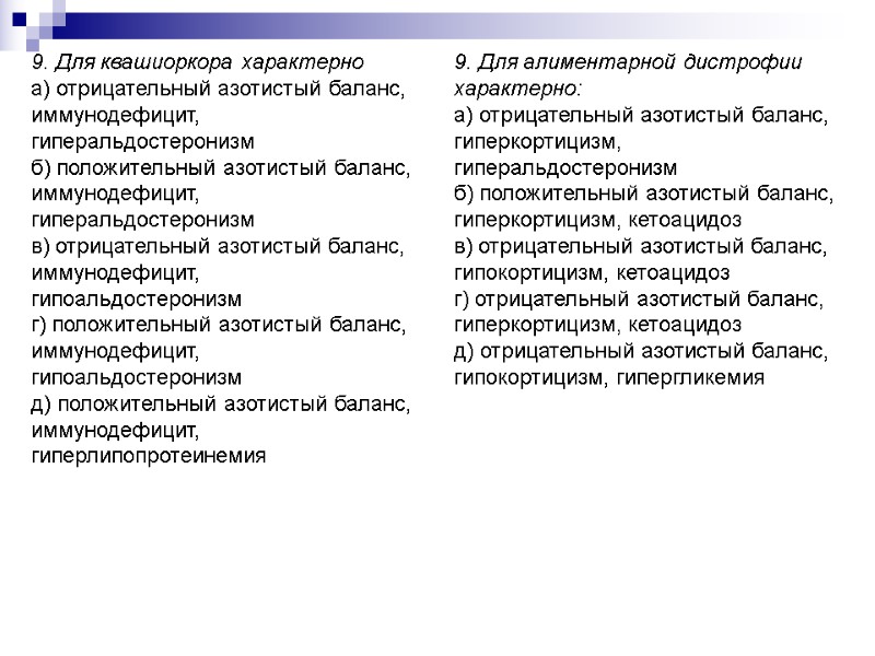 9. Для квашиоркора характерно а) отрицательный азотистый баланс, иммунодефицит, гиперальдостеронизм б) положительный азотистый баланс,